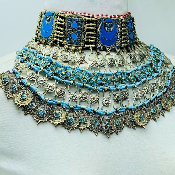 Turquoise Choker Necklace, Tribal Kuchi Afghan Choker With Turquoise Glass Stone - Picture 4 of 12